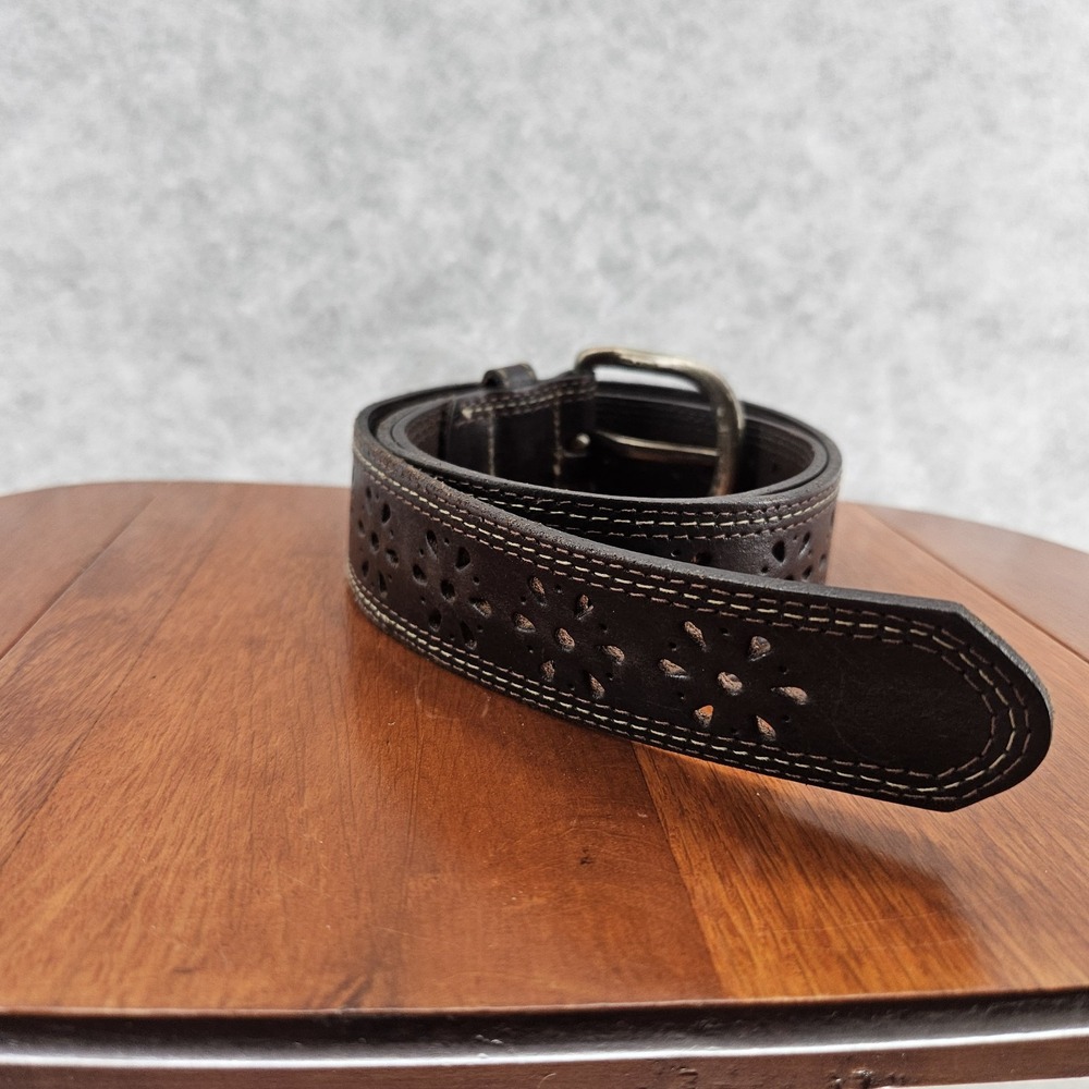 vintage Y2K brown CUT-OUT Floral belt‎ 38 italian bonded leather 38"x1.5"